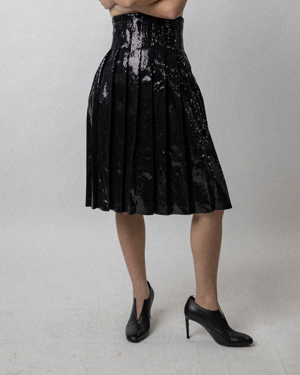 High Waisted Pleated Sequin Skirt Black  - Waist 27''
