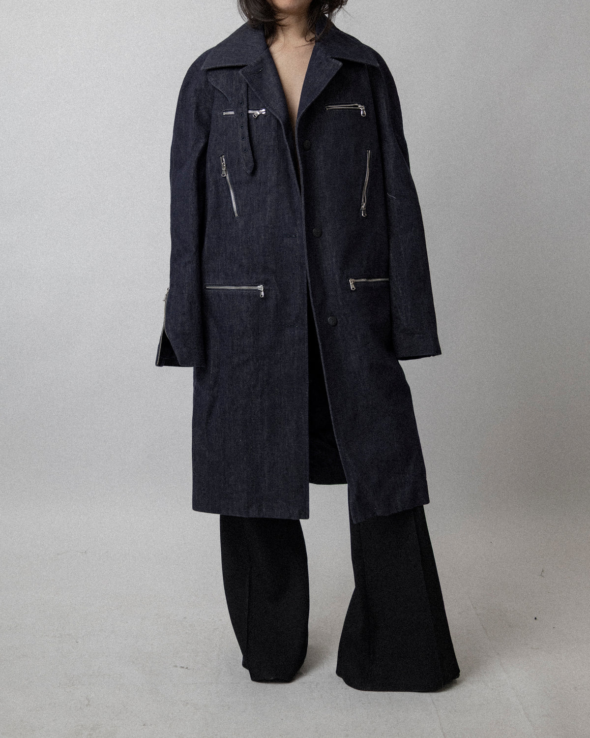 Multi Zip Raw Denim Coat Blue - Cross Shoulder 19''