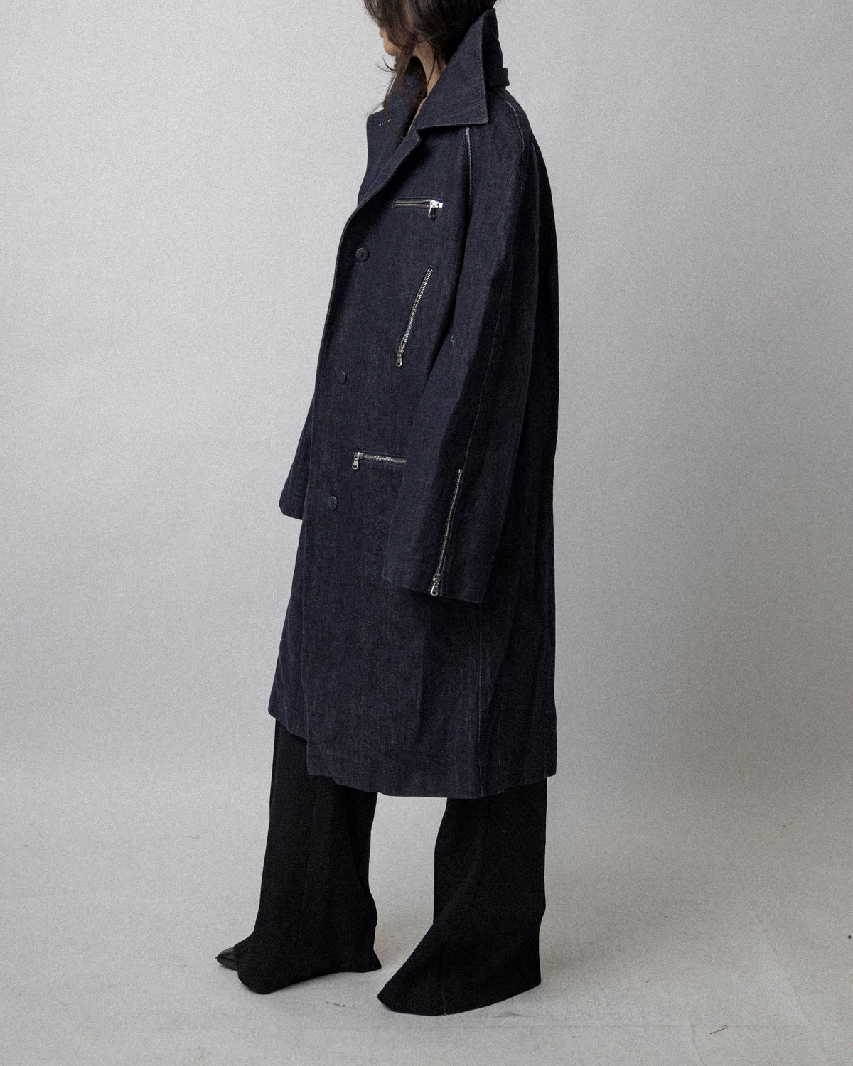 Multi Zip Raw Denim Coat Blue - Cross Shoulder 19''