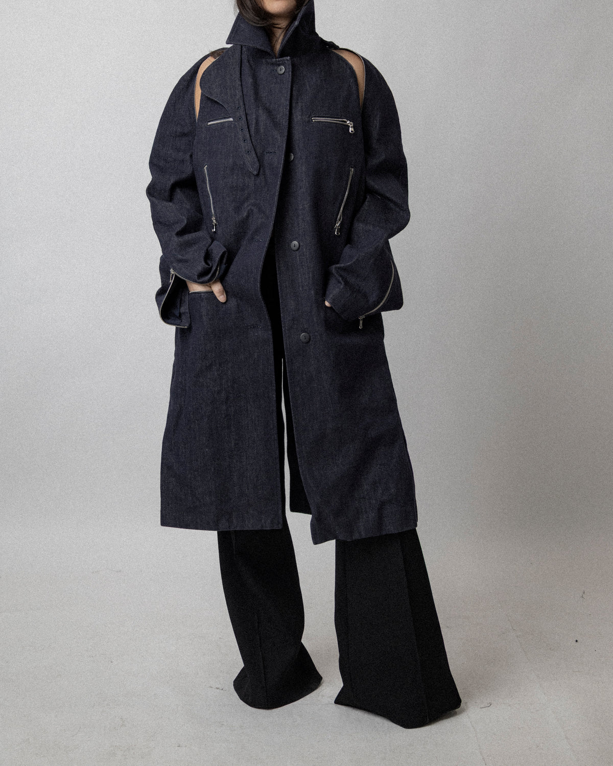 Multi Zip Raw Denim Coat Blue - Cross Shoulder 19''