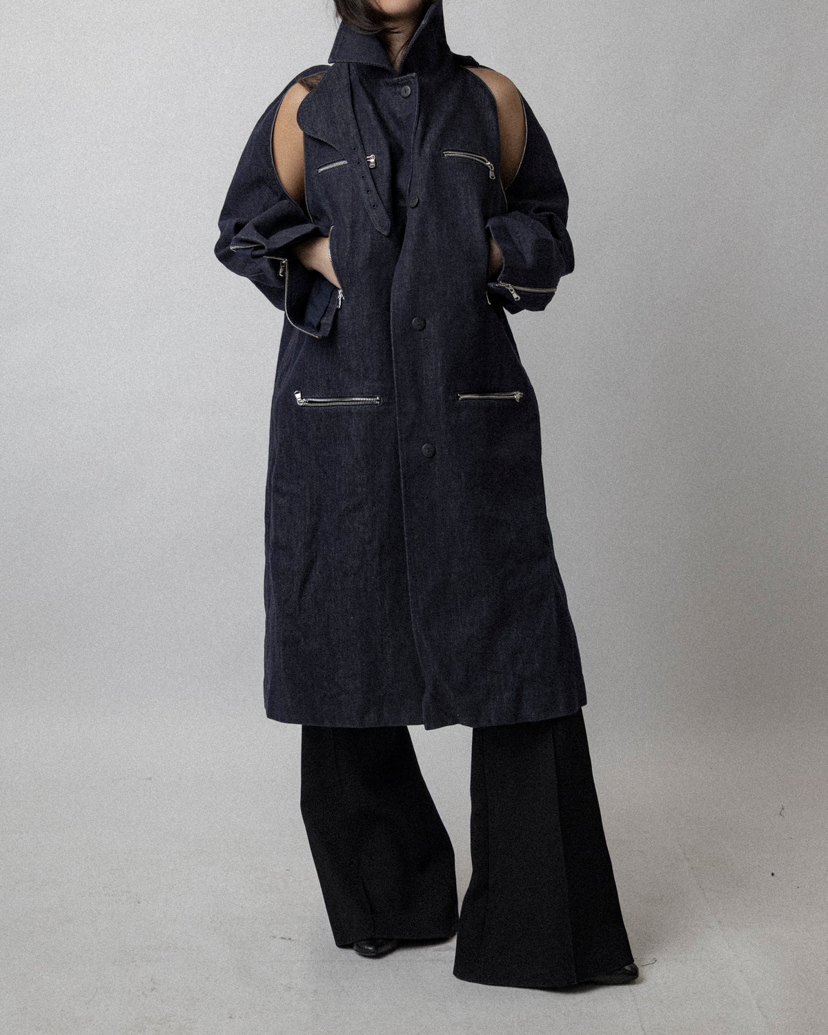 Multi Zip Raw Denim Coat Blue - Cross Shoulder 19''