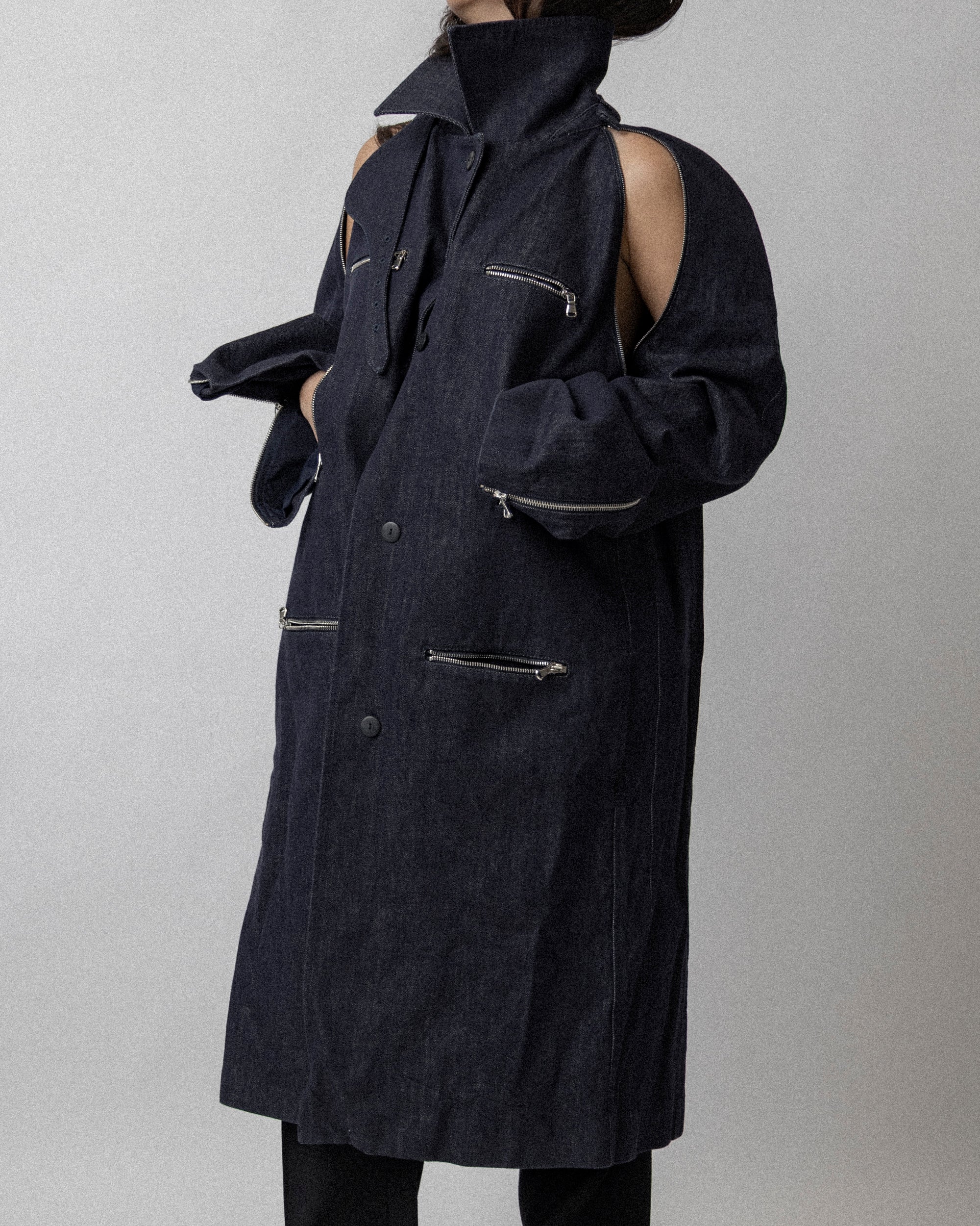 Multi Zip Raw Denim Coat Blue - Cross Shoulder 19''