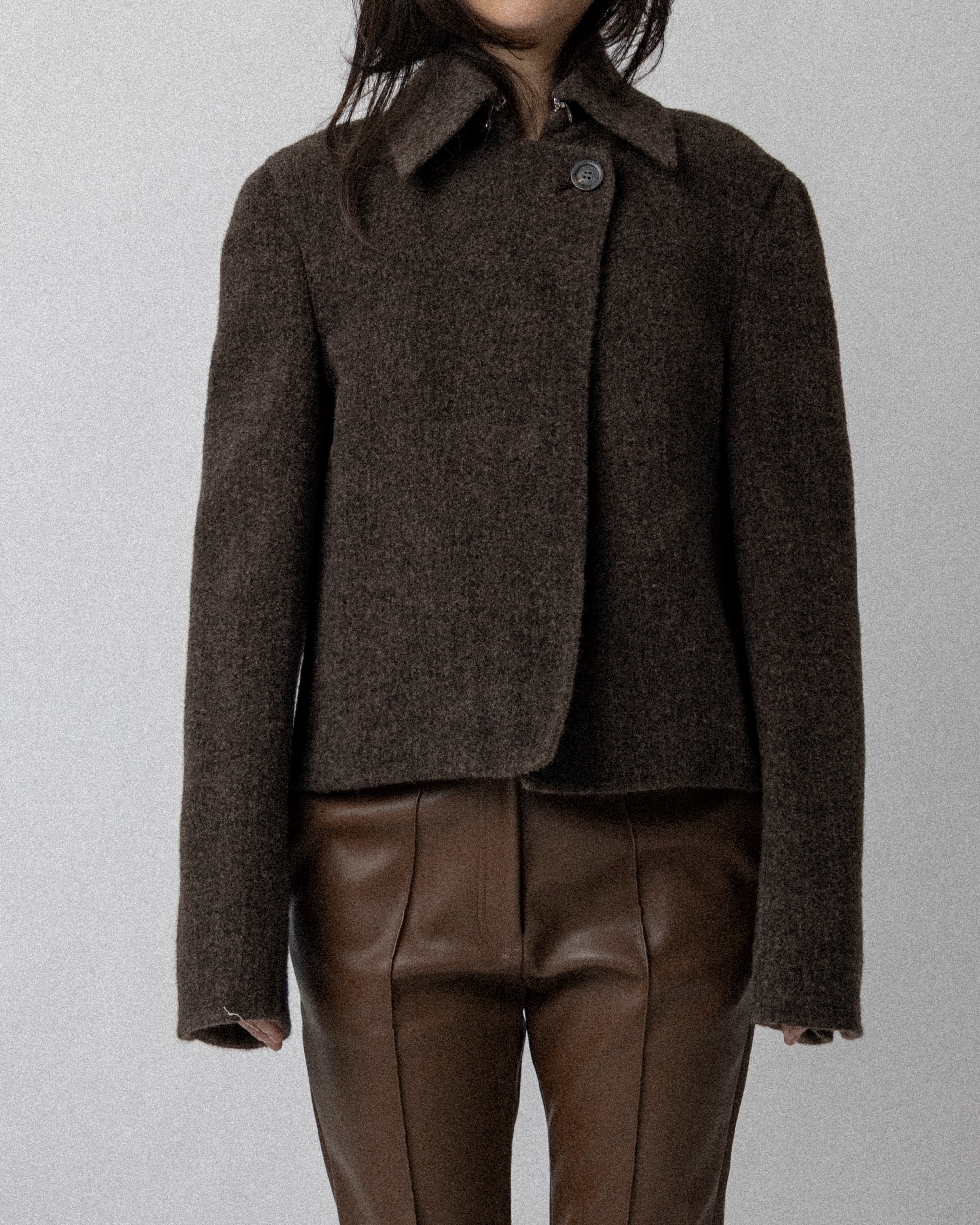 Neck Zip Double Faced Jacket Wool Brown-  Cross Shoulder 18''