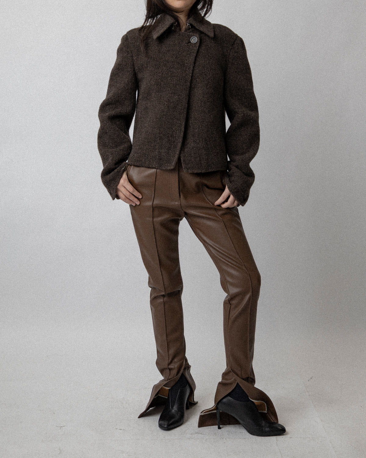 Neck Zip Double Faced Jacket Wool Brown-  Cross Shoulder 18''