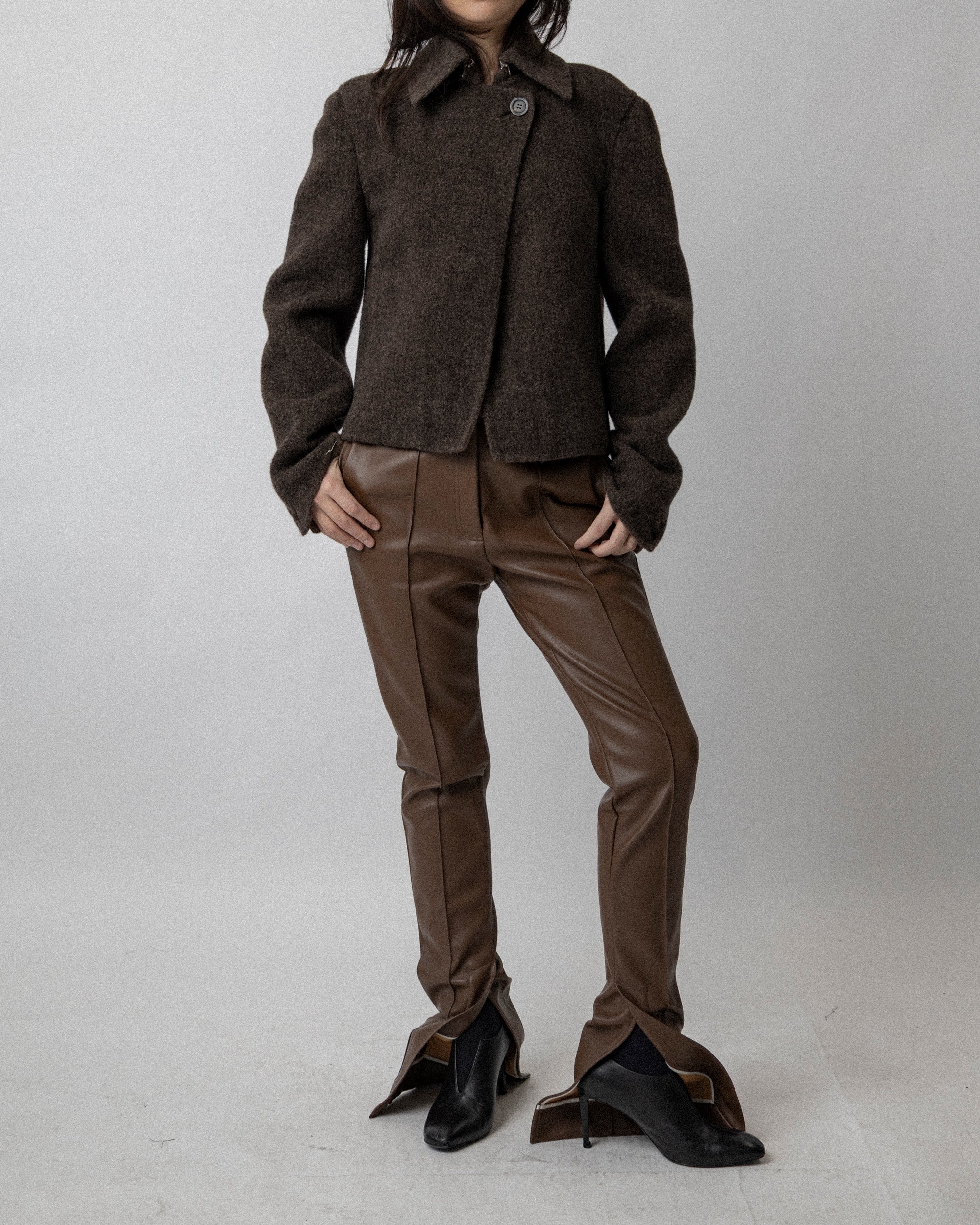 Neck Zip Double Faced Jacket Wool Brown-  Cross Shoulder 18''