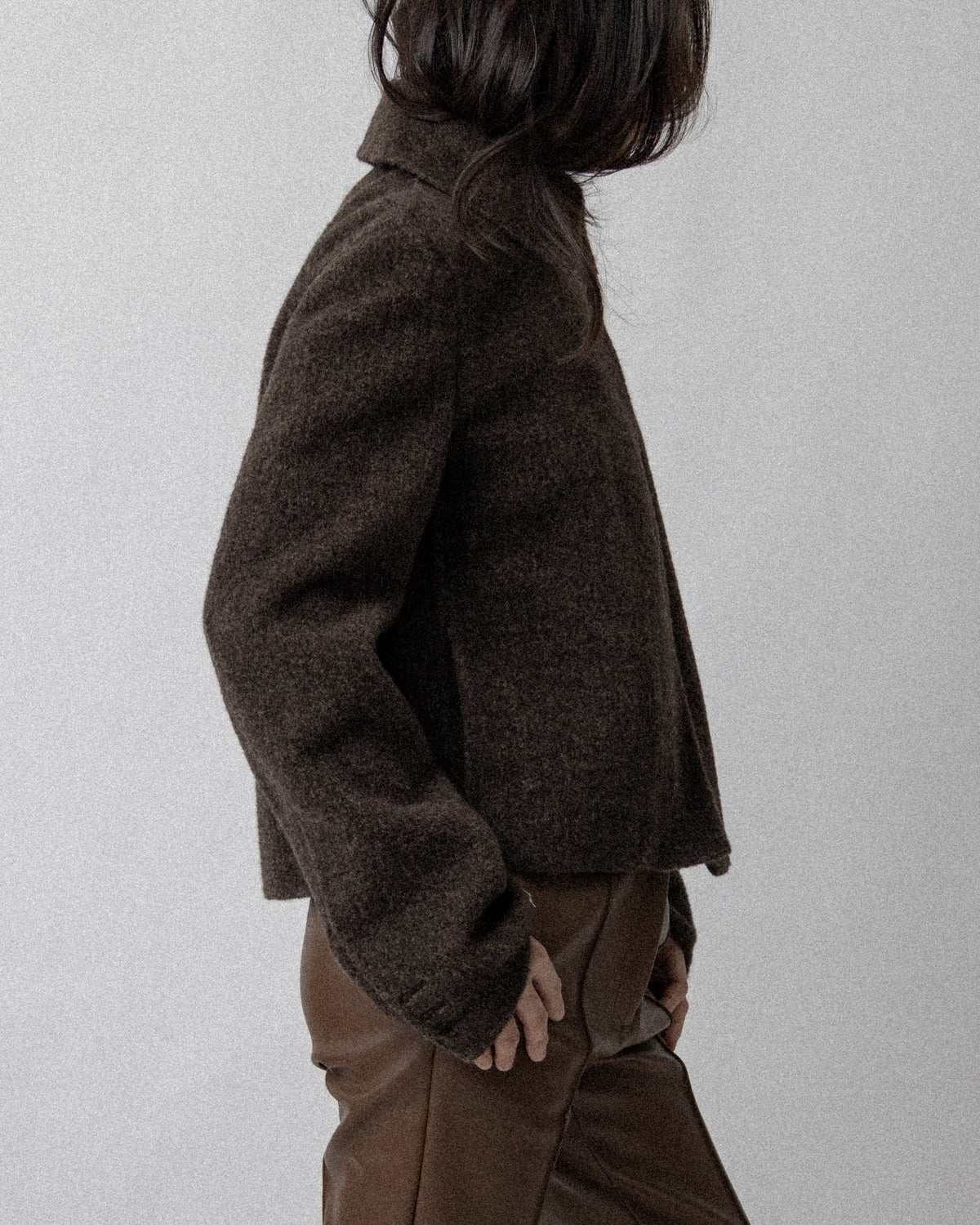 Neck Zip Double Faced Jacket Wool Brown-  Cross Shoulder 18''