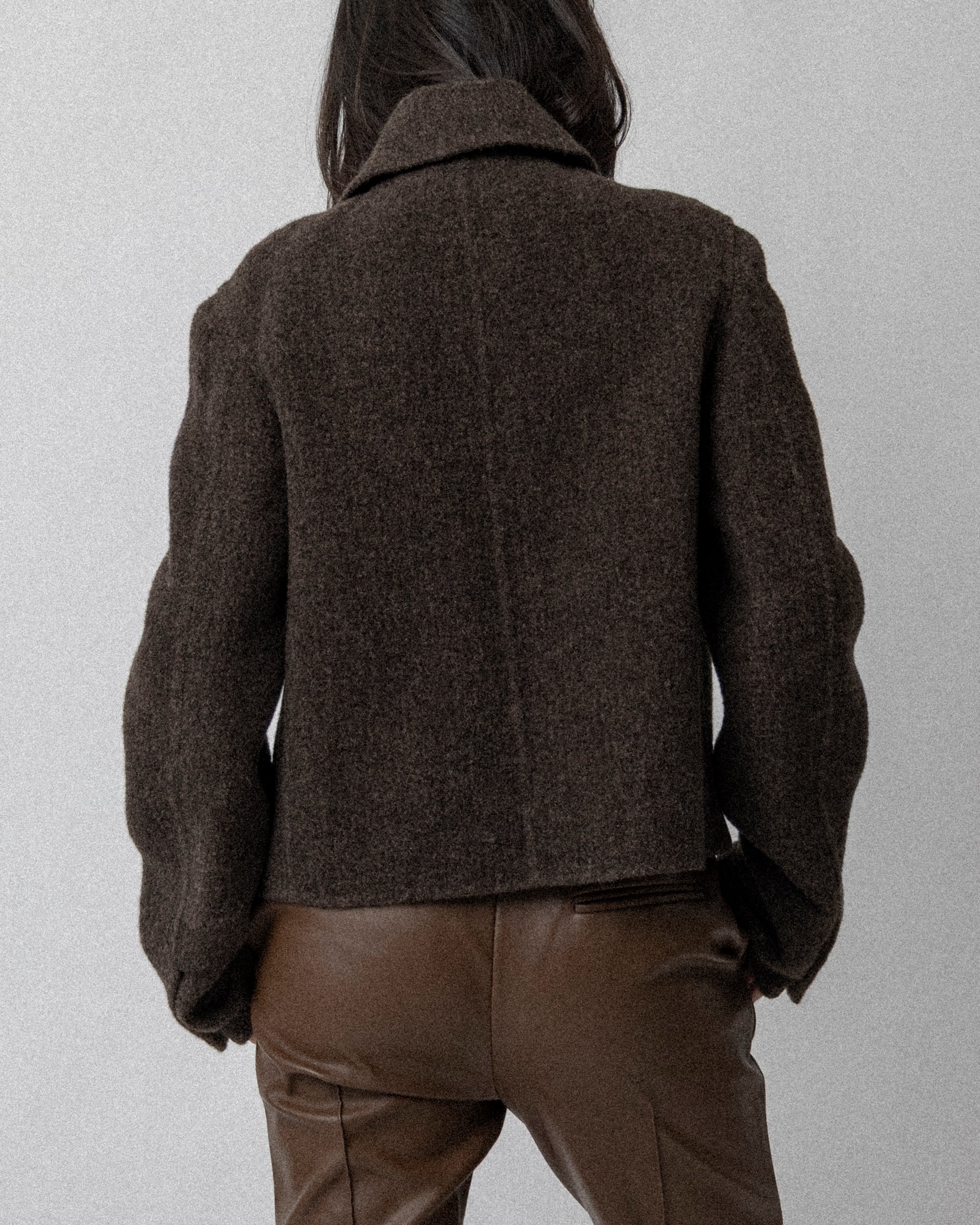 Neck Zip Double Faced Jacket Wool Brown-  Cross Shoulder 18''