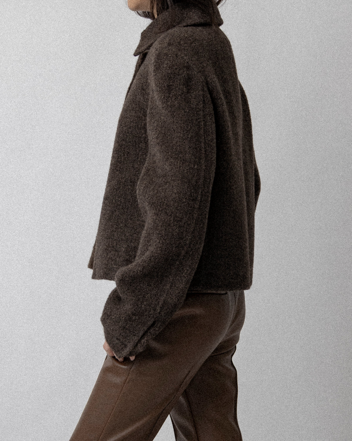 Neck Zip Double Faced Jacket Wool Brown-  Cross Shoulder 18''