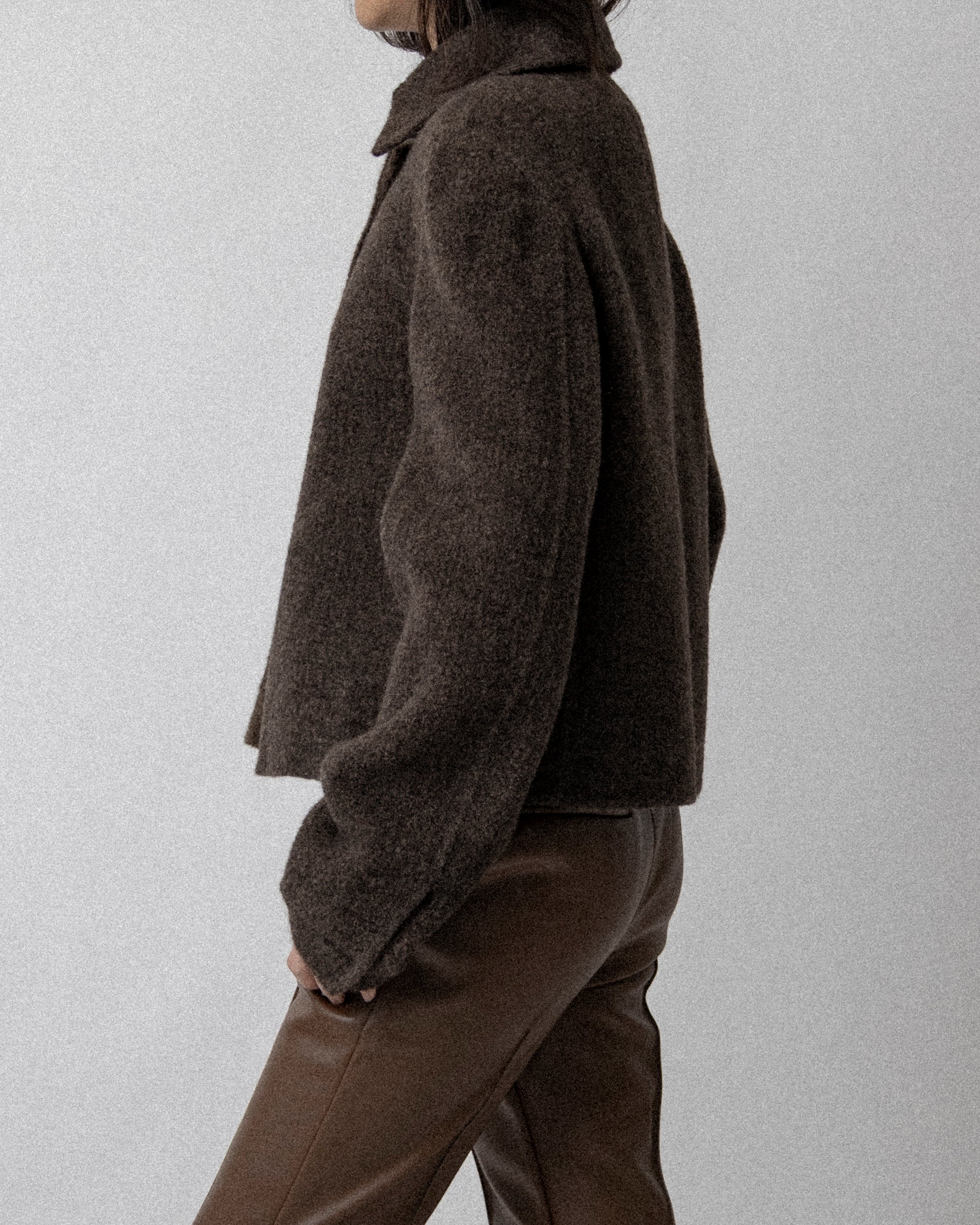 Neck Zip Double Faced Jacket Wool Brown-  Cross Shoulder 18''