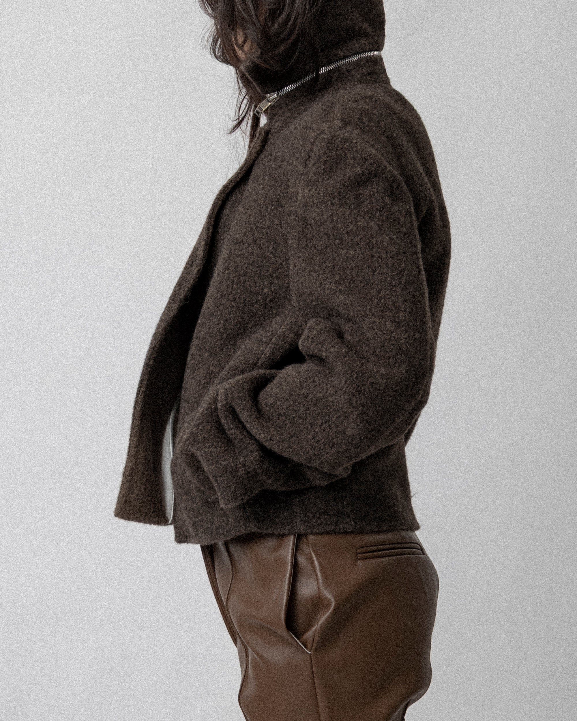 Neck Zip Double Faced Jacket Wool Brown-  Cross Shoulder 18''