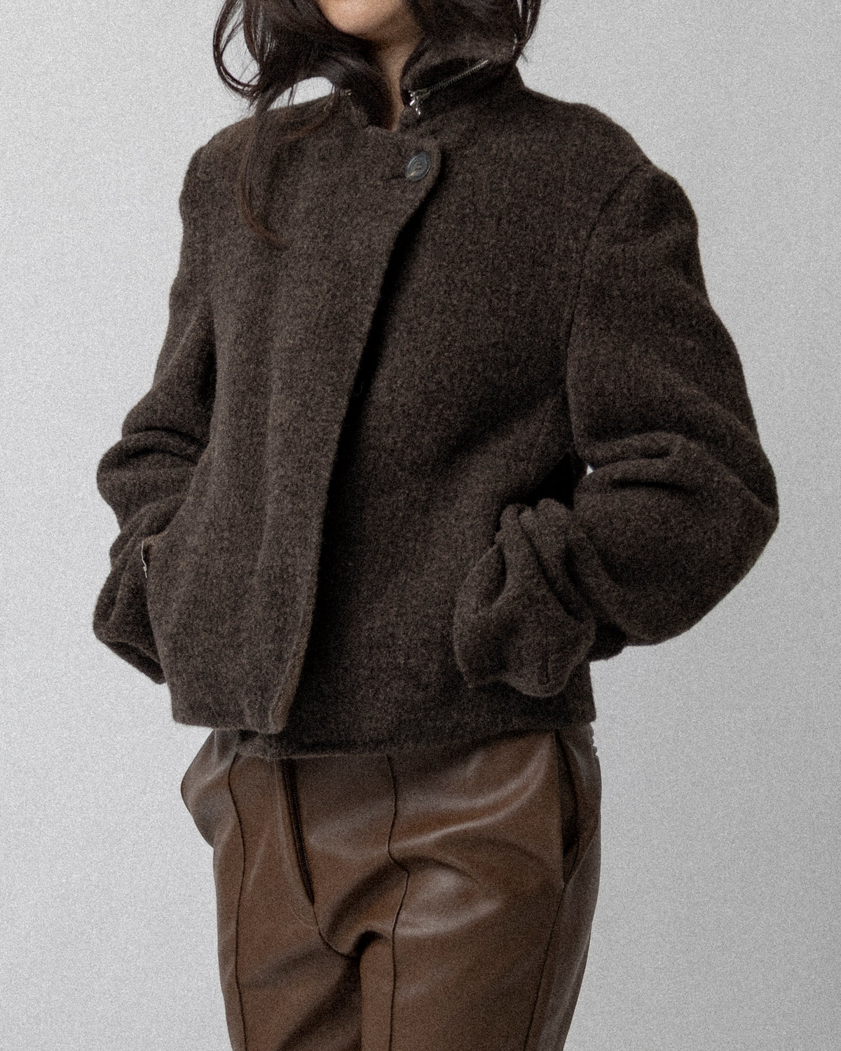 Neck Zip Double Faced Jacket Wool Brown-  Cross Shoulder 18''