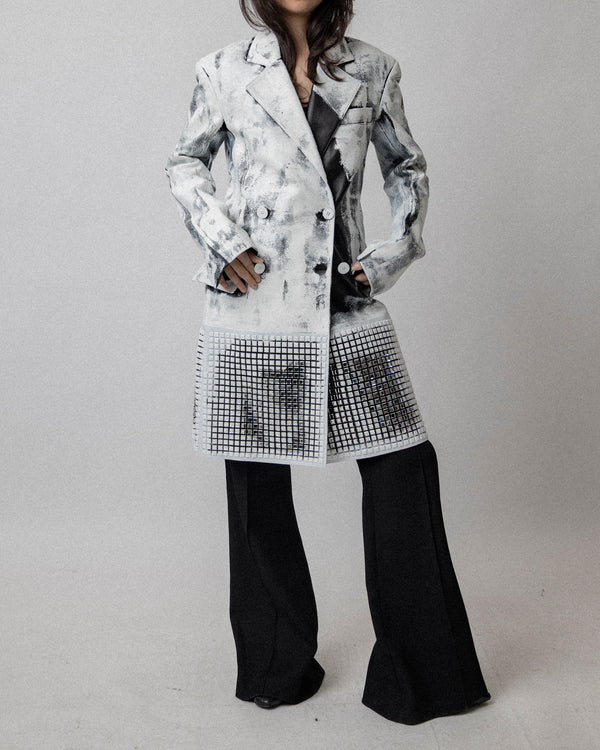 Painted Leather Crystal Coat White / Black Cross Shoulder 18''