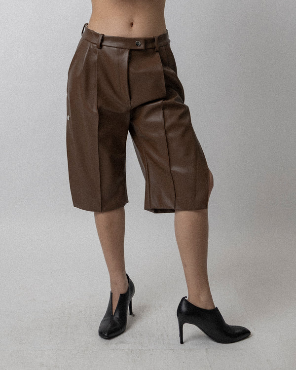 Side Slit Short Faux-Leather Brown Waist 33''