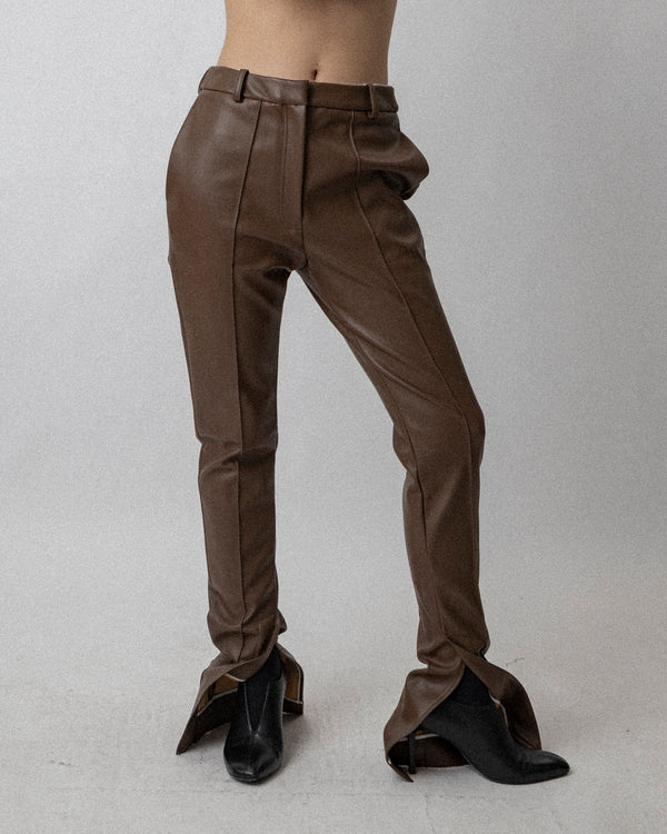 Slit Skinny Pants Faux-Leather Brown Waist 32.5''